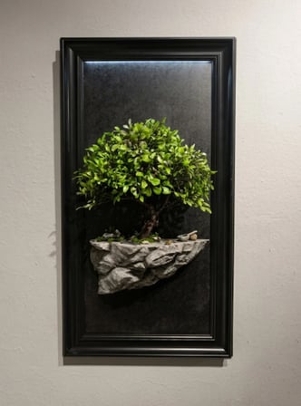 3D Bonzai Duvar Tablosu 35x55 cm – Taş Zeminli Kabartma Duvar Dekoru & Siyah Çerçeveli Tablo