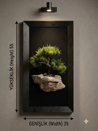3D Bonzai Duvar Tablosu 35x55 cm – Taş Zeminli Kabartma Duvar Dekoru & Siyah Çerçeveli Tablo