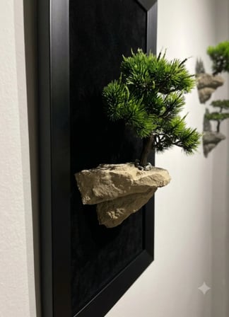 3D Bonzai Duvar Tablosu 35x55 cm – Taş Zeminli Kabartma Duvar Dekoru & Siyah Çerçeveli Tablo