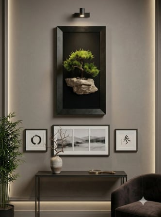 3D Bonzai Duvar Tablosu 35x55 cm – Taş Zeminli Kabartma Duvar Dekoru & Siyah Çerçeveli Tablo