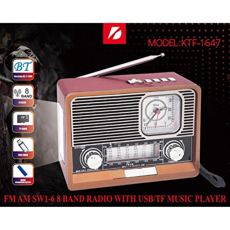 ŞARJLI NOSTALJİK RADYO FM SD KART USB GİRİŞLİ BLUETOOTH LU AHŞAP GÖRÜNÜMLÜ FENERLİ RADİO