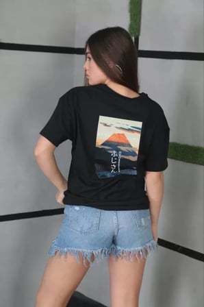 the kethen Unisex Bisiklet Yaka Baskılı Oversize T-Shirt - Siyah
