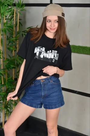 the kethen Unisex Bisiklet Yaka Baskılı Oversize T-Shirt - Siyah