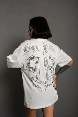the kethen Unisex Bisiklet Yaka Baskılı Oversize T-Shirt - Beyaz