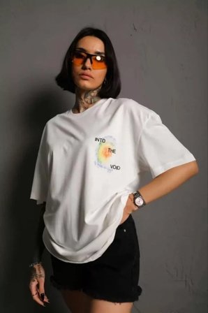 the kethen Unisex Bisiklet Yaka Baskılı Oversize T-Shirt - Beyaz