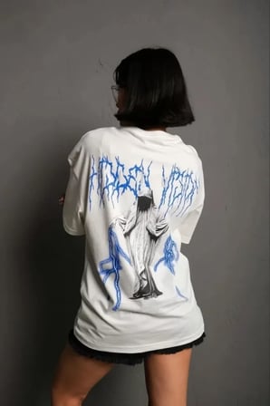 the kethen Unisex Bisiklet Yaka Baskılı Oversize T-Shirt - Beyaz