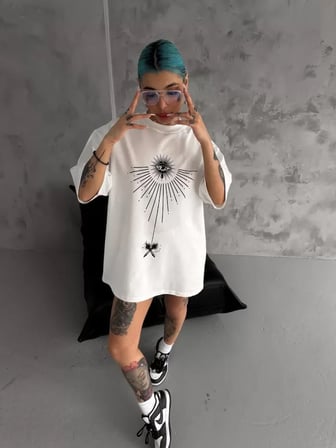 the kethen Unisex Bisiklet Yaka Baskılı Oversize T-Shirt - Beyaz