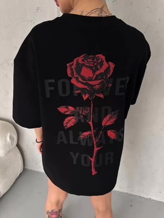 the kethen Unisex Bisiklet Yaka Baskılı Oversize T-Shirt - Siyah