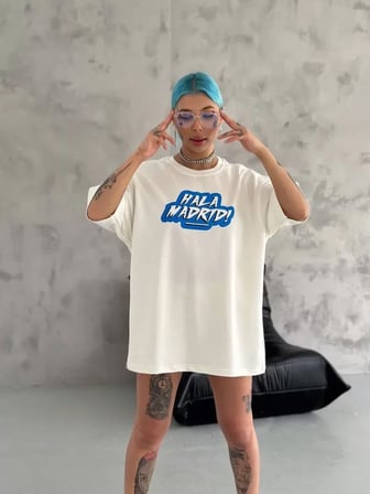 the kethen Unisex Bisiklet Yaka Baskılı Oversize T-Shirt - Beyaz