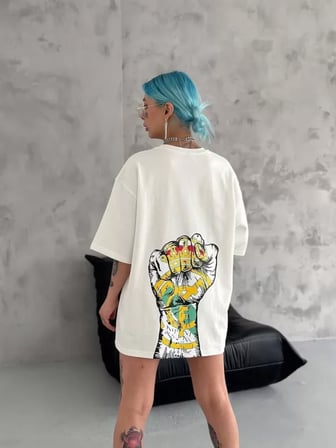 the kethen Unisex Bisiklet Yaka Baskılı Oversize T-Shirt - Beyaz