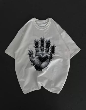 the kethen Unisex Bisiklet Yaka Baskılı Oversize T-Shirt - Beyaz