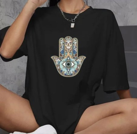 the kethen Unisex Bisiklet Yaka Baskılı Oversize T-Shirt - Siyah