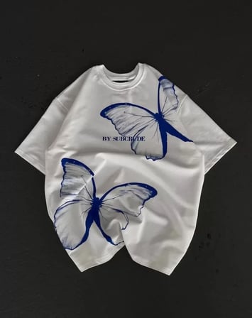the kethen Unisex Bisiklet Yaka Baskılı Oversize T-Shirt - Beyaz