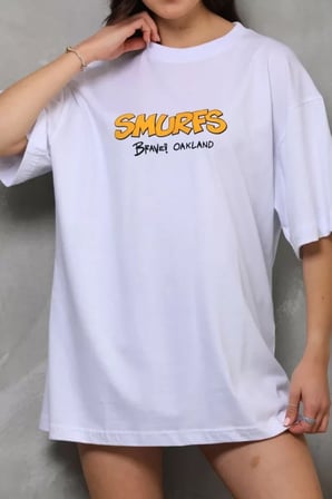 the kethen Unisex Bisiklet Yaka Baskılı Oversize T-Shirt - Beyaz