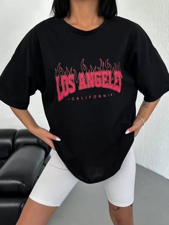 the kethen Unisex Bisiklet Yaka Baskılı Oversize T-Shirt - Siyah
