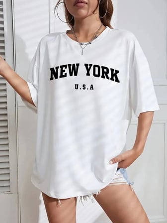 the kethen New York Baskılı Oversize Bisiklet Yaka T-shirt - Beyaz