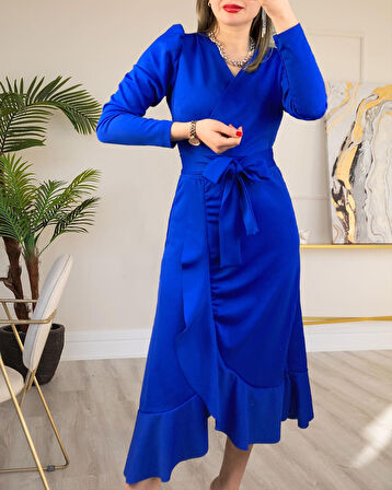 the kethen Krep Kumaş Midi Boy Kuşaklı Uzunkol Elbise