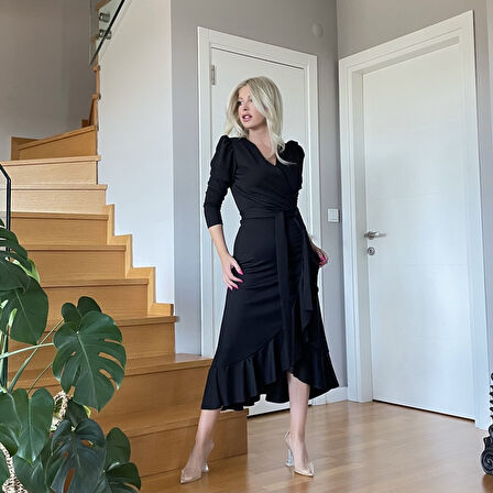 the kethen Krep Kumaş Midi Boy Kuşaklı Uzunkol Elbise 113 Cm