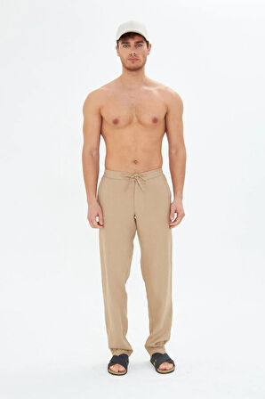 Erkek Bej Keten Pantolon