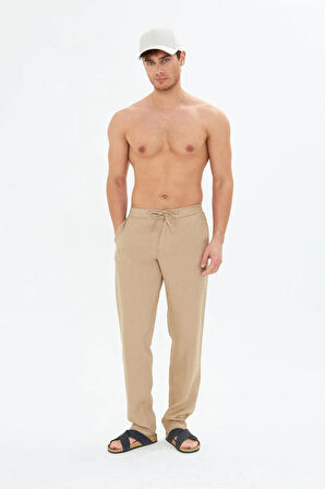 Erkek Bej Keten Pantolon