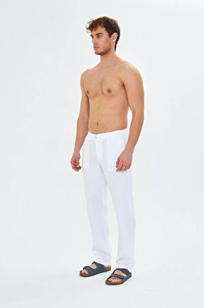 Erkek Beyaz Keten Pantolon