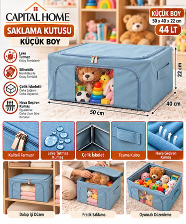 Capital Home ÇOK AMAÇLI ÇELİK İSKELETLİ+ ŞEFFAF PENCERELİ+ÇİFT FERMUARLI+ 50 x 40 x 22 cm