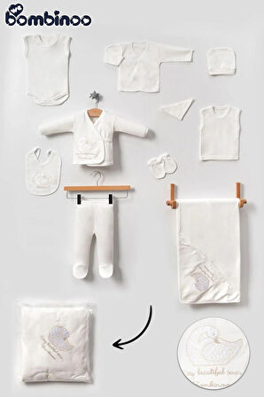 webombinolo Unisex 10 Parca Yeni Doğan Hastane Çıkışı Zıbın Set Kuğu Nakışlı