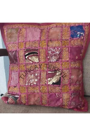 Mavi Hint İşi Patchwork Kırlent Kılıfı