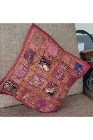 Mavi Hint İşi Patchwork Kırlent Kılıfı