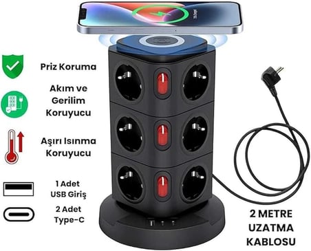 Dikey Kule Tipi Akım Korumalı Priz – 10’lu Çoklu Priz, USB Girişli, Anahtarlı, Masa Üstü Düzenleyici
