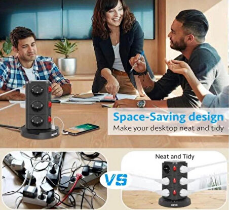Dikey Kule Tipi Akım Korumalı Priz – 10’lu Çoklu Priz, USB Girişli, Anahtarlı, Masa Üstü Düzenleyici