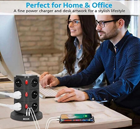 Dikey Kule Tipi Akım Korumalı Priz – 10’lu Çoklu Priz, USB Girişli, Anahtarlı, Masa Üstü Düzenleyici