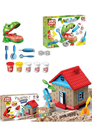 Oyuncak Kum Ev Oyun Kumu + Dino Dişçi Oyun Hamuru Seti
