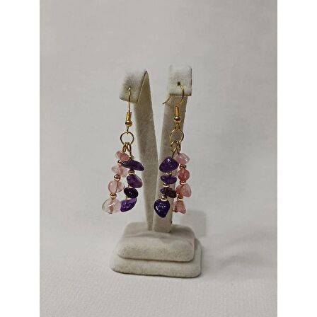 Ametist ve Gül Kuvars Taşlı Tasarım Küpe - Anka Gemstone