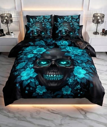 Özel Tasarım Marka Çift Kişilik Nevresim Takımı Organik Saten Pamuk Luxury Premium Kumaş 240*260 Cm Ranforce Dokuma Deluxe Kurukafa Rock Metal Müzik Etnik