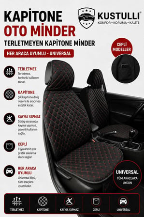Kustulli 3'lü Pilot Kapitone Terletmeyen Oto Koltuk Minder Cepli Model (Kırmızı)
