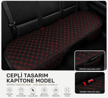 Kustulli 3'lü Pilot Kapitone Terletmeyen Oto Koltuk Minder Cepli Model (Kırmızı)