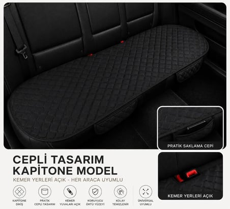 Kustulli 3'lü Pilot Kapitone Terletmeyen Oto Koltuk Minder Cepli Model (Siyah)