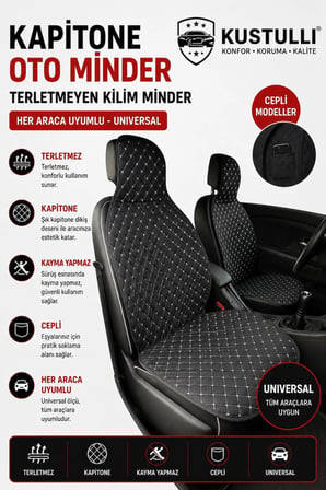 Kustulli 3'lü Pilot Kapitone Terletmeyen Oto Koltuk Minder Cepli Model (Gri)