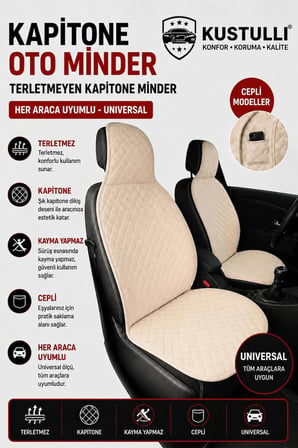 Kustulli 3'lü Pilot Kapitone Terletmeyen Oto Koltuk Minder Cepli Model (Krem)