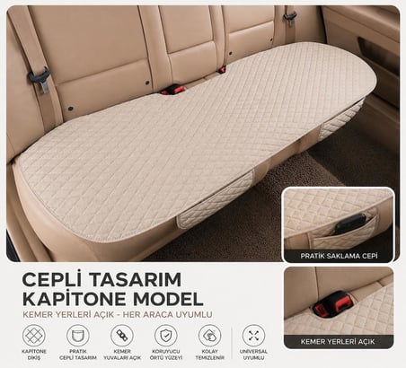 Kustulli 3'lü Pilot Kapitone Terletmeyen Oto Koltuk Minder Cepli Model (Krem)