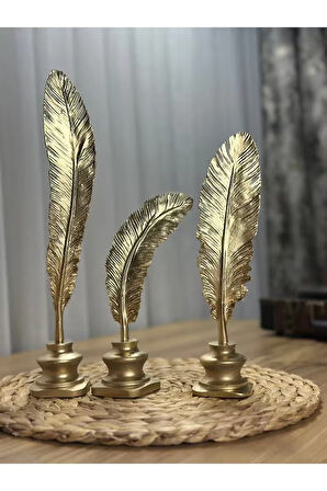3'lü Mermerit Kuş Tüyü Gold Dekoratif Obje Seti