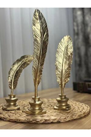 3'lü Mermerit Kuş Tüyü Gold Dekoratif Obje Seti