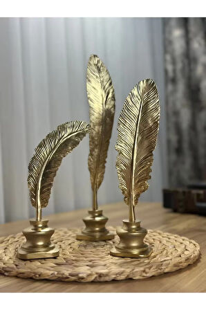 3'lü Mermerit Kuş Tüyü Gold Dekoratif Obje Seti