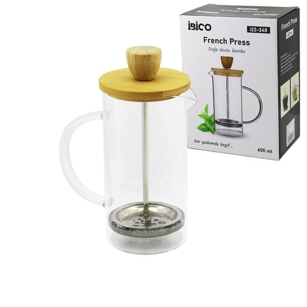 FRENCH PRESS BAMBU KAPAK 600ML CAM BİTKİ SÜZGEÇİ (K0)