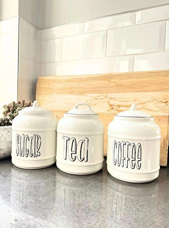3lü Seramik Sugar Tea Coffee Kavanoz Seti Kapaklı Tezgah Üstü Saklama Kavanozu 1400 ML