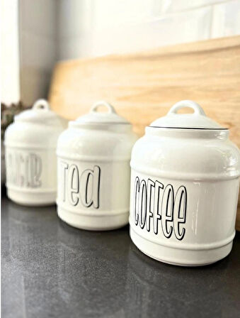 3lü Seramik Sugar Tea Coffee Kavanoz Seti Kapaklı Tezgah Üstü Saklama Kavanozu 1400 ML