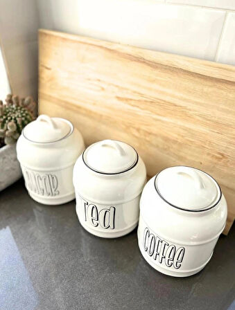 3lü Seramik Sugar Tea Coffee Kavanoz Seti Kapaklı Tezgah Üstü Saklama Kavanozu 1400 ML