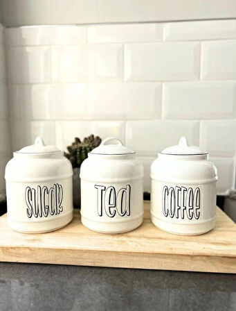 3lü Seramik Sugar Tea Coffee Kavanoz Seti Kapaklı Tezgah Üstü Saklama Kavanozu 1400 ML