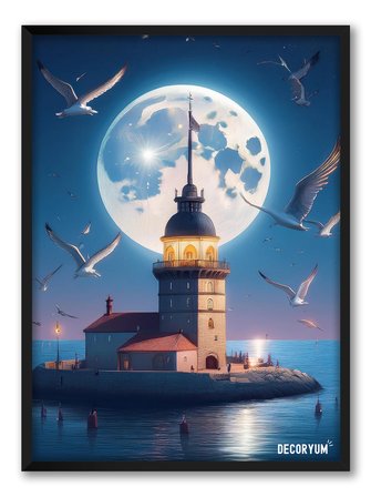 Kız Kulesi ve Martılar Çerçeveli Tablo Siyah